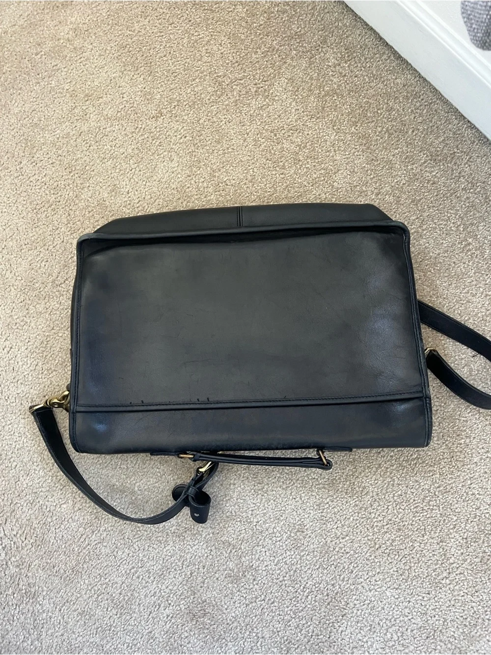 Coach Black Leather Briefcase with Gold Hardware and Detachable Strap